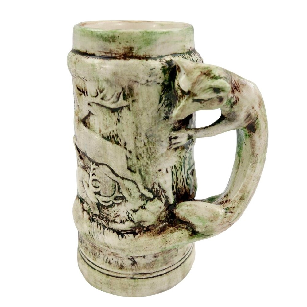 Vintage‎ Handmade Ceramic Fox Handle Wildlife Deer Stag Scene Stein Mug